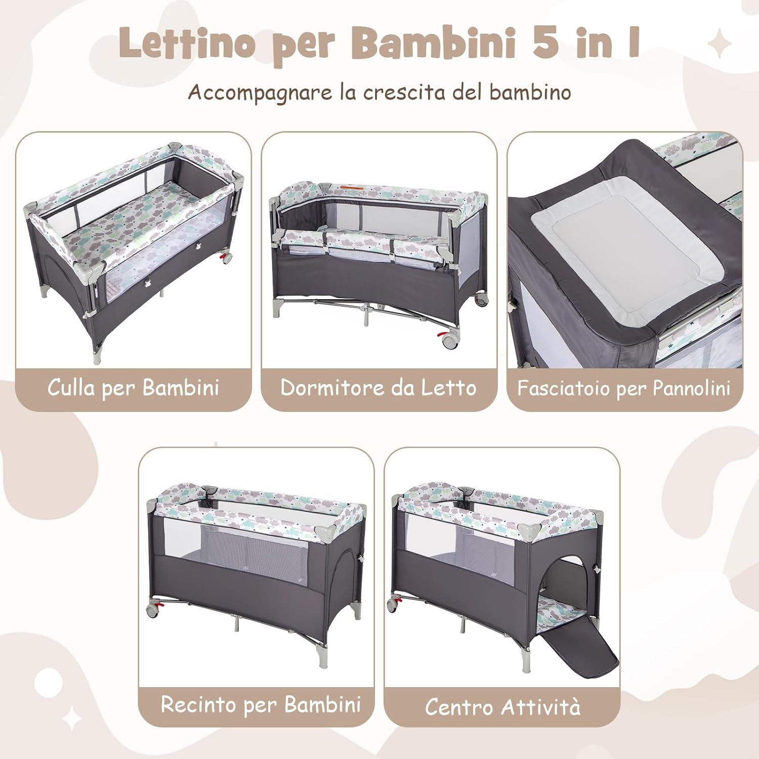 4 in 1 Lettino per Bambini con Materasso, Lettino Culla da Viaggio per Neonati, Culla Neonato con Fasciatoio, Box Portatile Pieghevole, con Ruote e Borsa, 125 x 65 x 119 cm (Grigio)
