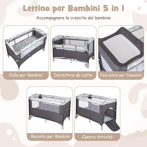 4 in 1 Lettino per Bambini con Materasso, Lettino Culla da Viaggio per Neonati, Culla Neonato con Fasciatoio, Box Portatile Pieghevole, con Ruote e Borsa, 125 x 65 x 119 cm (Grigio)