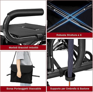 Deambulatore 2 in 1 per Anziani in Alluminio, Rollator Pieghevole e Regolabile in Altezza con Sedia, Schienale Reversibile, Manici Regolabili, Ruote, Poggiapiedi e Borsa Rimovibile (Nero)