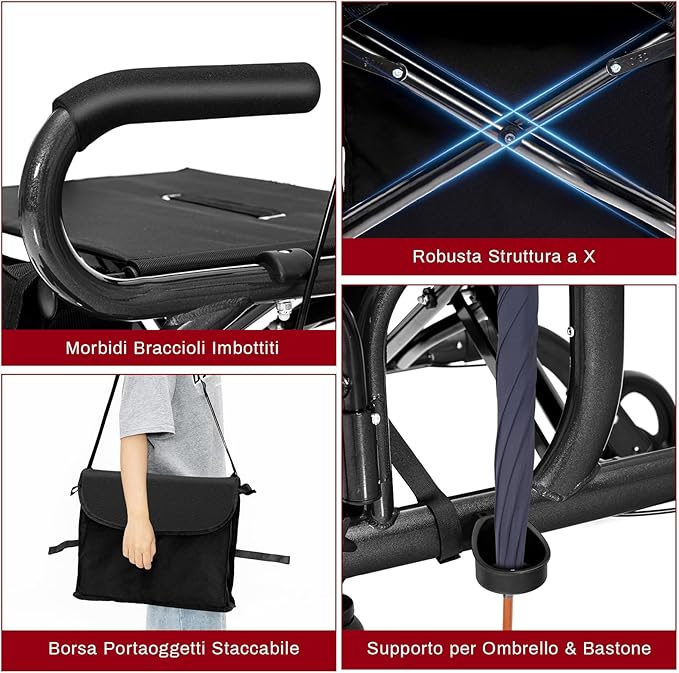 Deambulatore 2 in 1 per Anziani in Alluminio, Rollator Pieghevole e Regolabile in Altezza con Sedia, Schienale Reversibile, Manici Regolabili, Ruote, Poggiapiedi e Borsa Rimovibile (Nero)