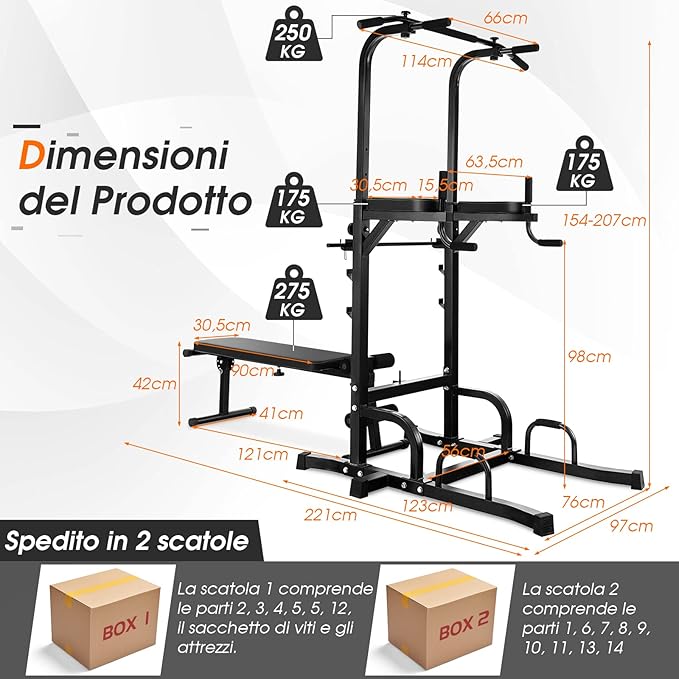 Power Tower Multifunzionale e Regolabile, Sbarra per Trazioni con Panca Pieghevole Regolabile in Altezza, Attrezzatura Fitness per Allenamento Completo del Corpo, Portata 250 kg