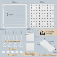 Kit 2 Pannelli Portaoggetti da Parete con Mensola Portaoggetti, Kit Combinato di Pannelli Forati, Contenitori Magneti e Ganci, Pannelli Forati Portautensili da Parete, 30,5x30,5 cm
