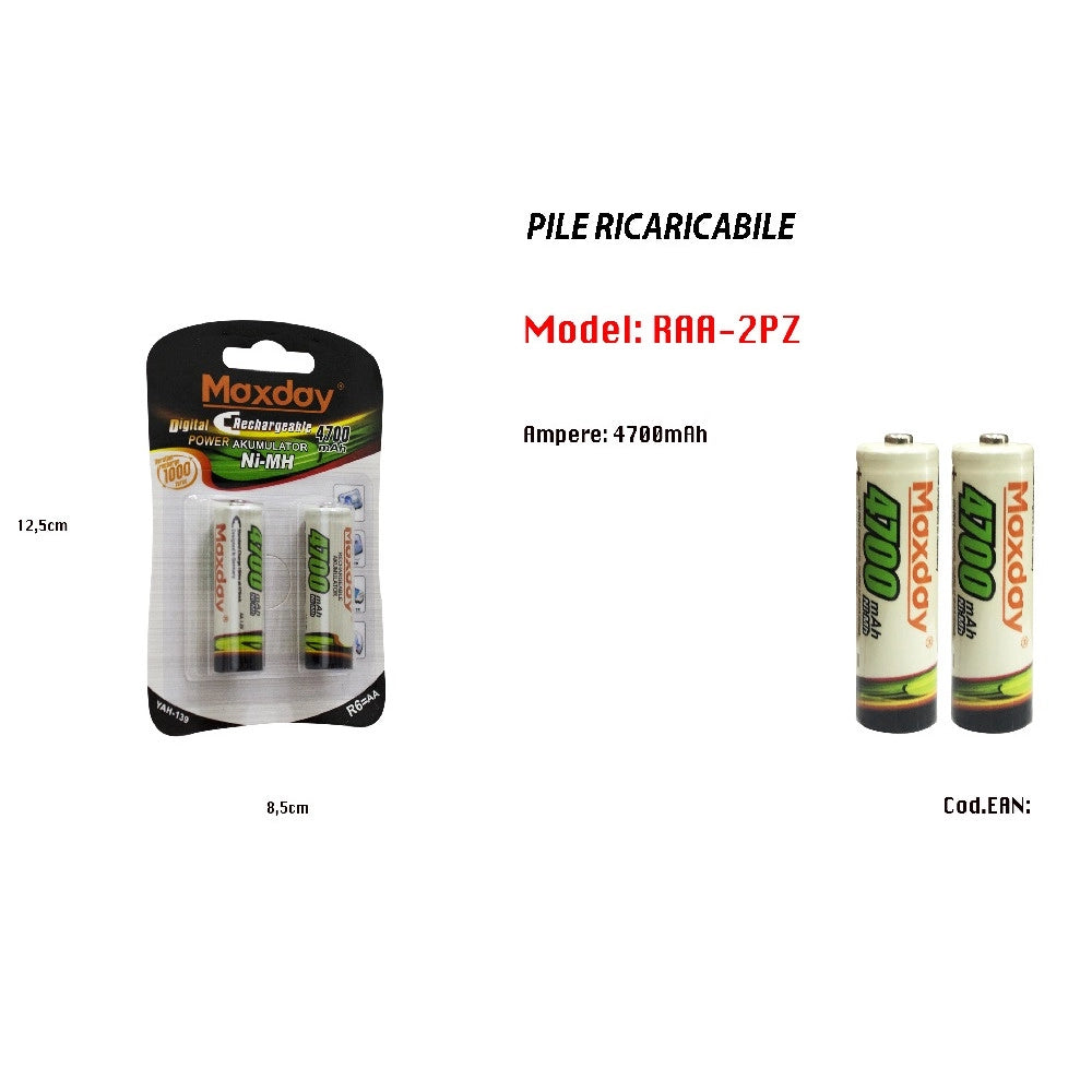 Trade Shop - 2 Pezzi Pile Batterie Stilo Aa Ricaricabili Da 4700 Mah Ni-mh Per Fotocamera -