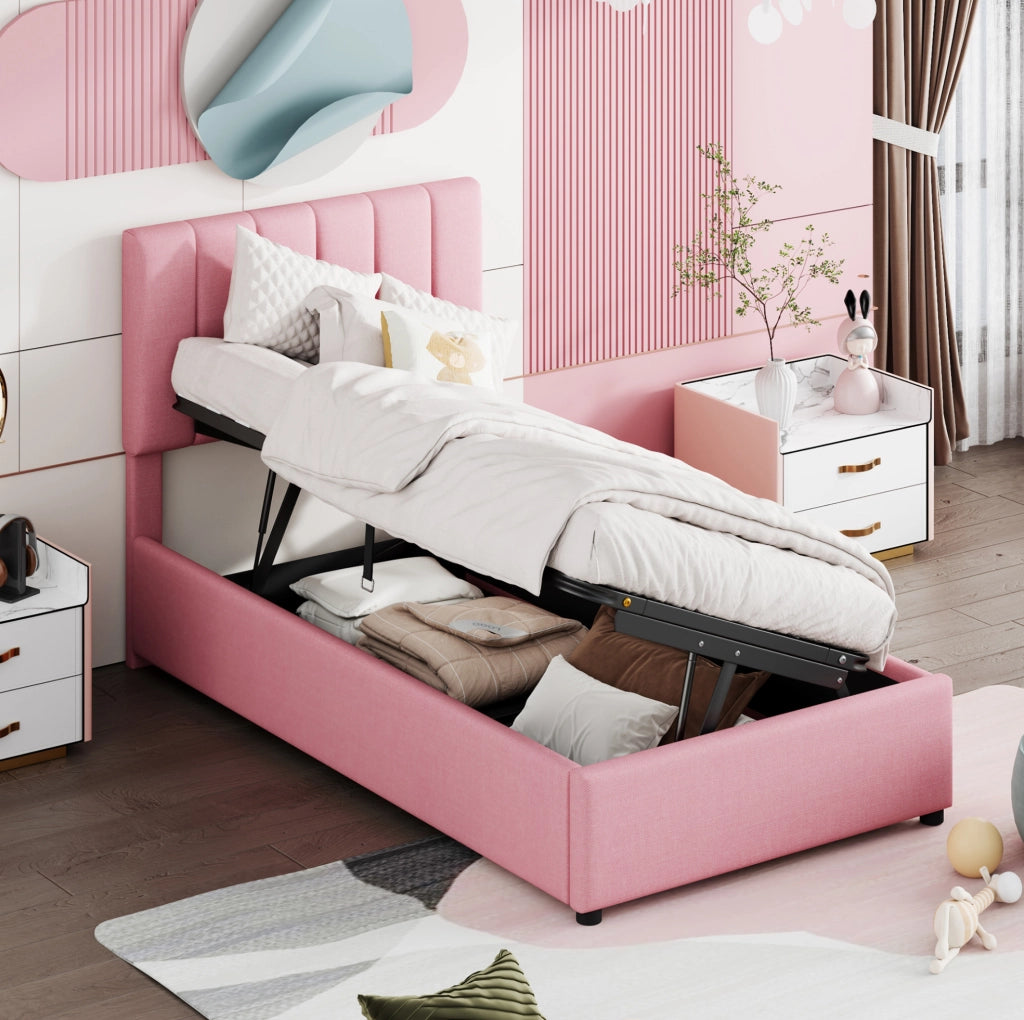 Letto imbottito singolo 90x200 cm con contenitore idraulico rosa