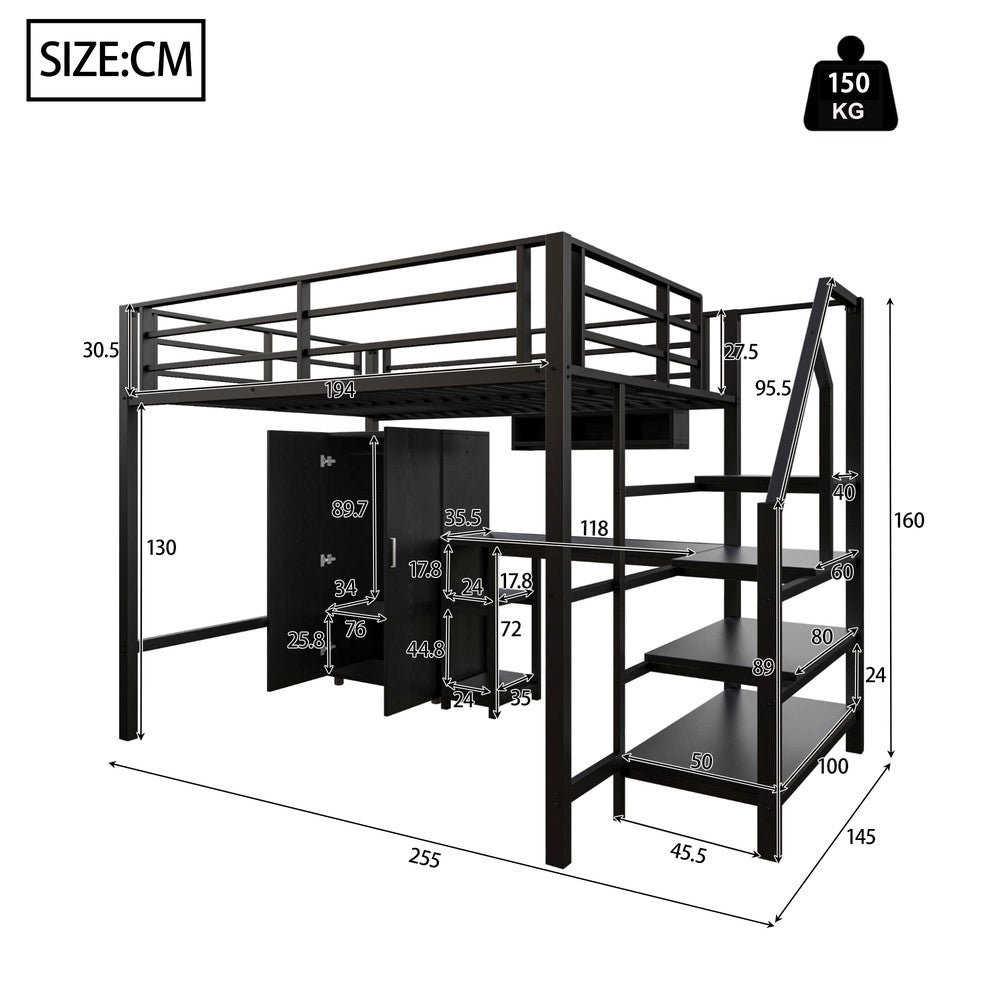 Letto a Soppalco con Scrivania e Armadio ¨C MINIMAL ¨C Nero 140x200
