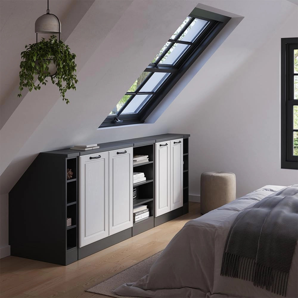 Set di mobili sottotetto Rion, Bianco casa di campagna, 210 cm Set di 5 carcasse armadio profondità 60 cm, adatto per il salvaspazio sotto tetti spioventi