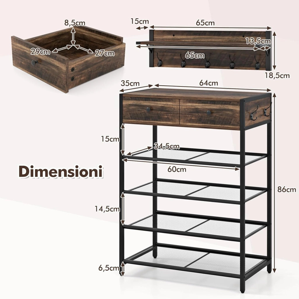 Set Appendiabiti con Scarpiera, Scarpiera a 5 Ripiani con Appendiabiti da Muro, Organizzatore per Scarpe con Ganci Cassetti e Mensole, per Ingresso Camera da Letto