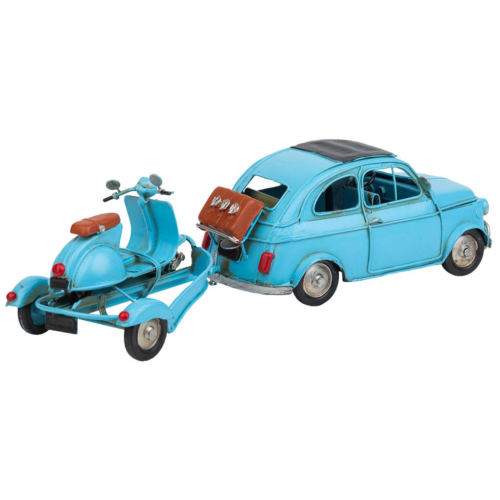 Carro traino con moto in metallo blu 34x10x10,5h