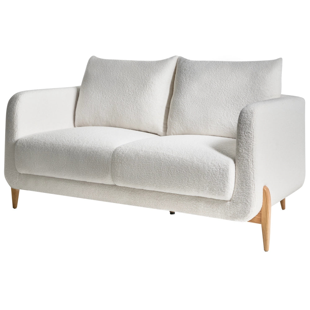 Divano a 2 posti Rivestimento in bouclè bianco Gambe in legno con braccioli Angolo lettura soggiorno Stile scandinavo moderno