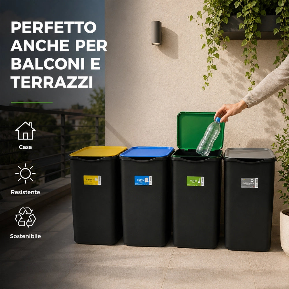 Set 4 Pattumiere Bidoni Raccolta Differenziata Spazzatura da 50 L 37.5x36x62 cm