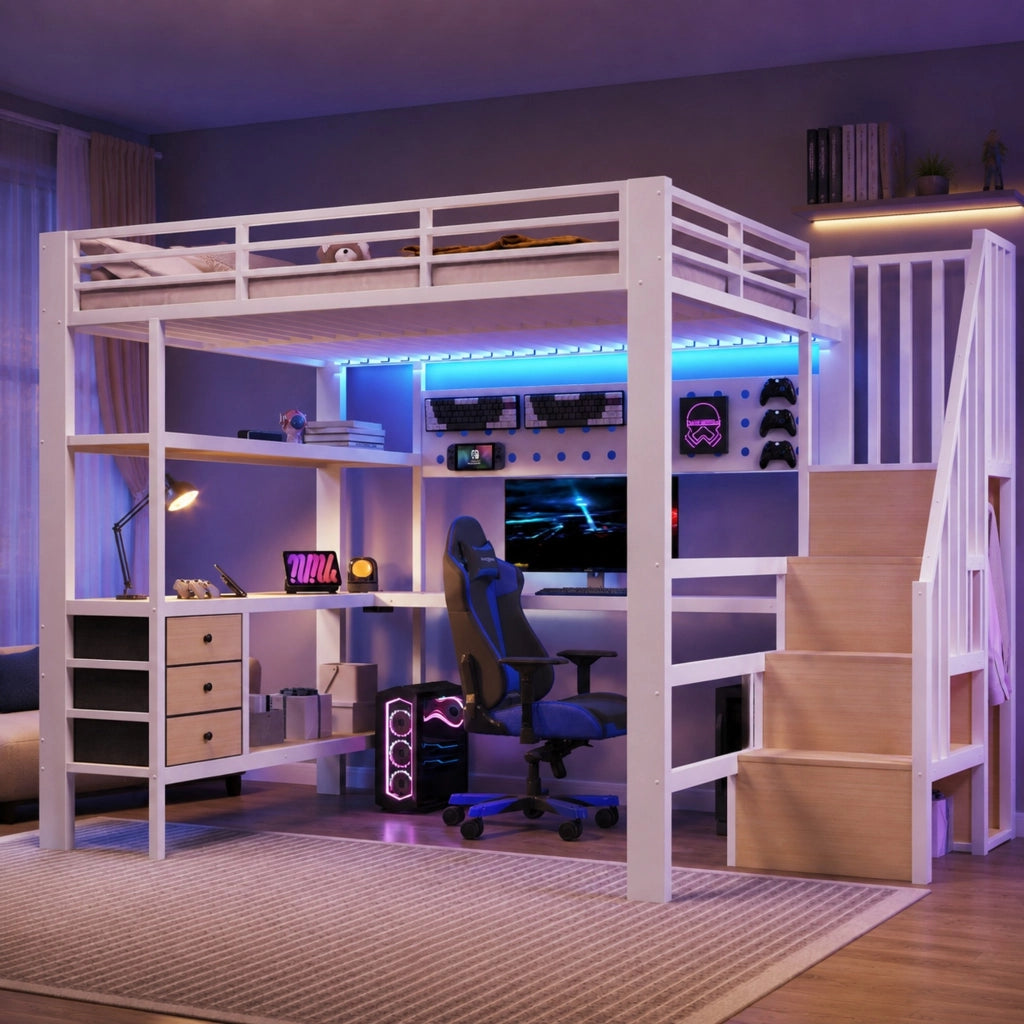 Letto a soppalco 140x200 cm bianco con scrivania, cassetti, presa e LED
