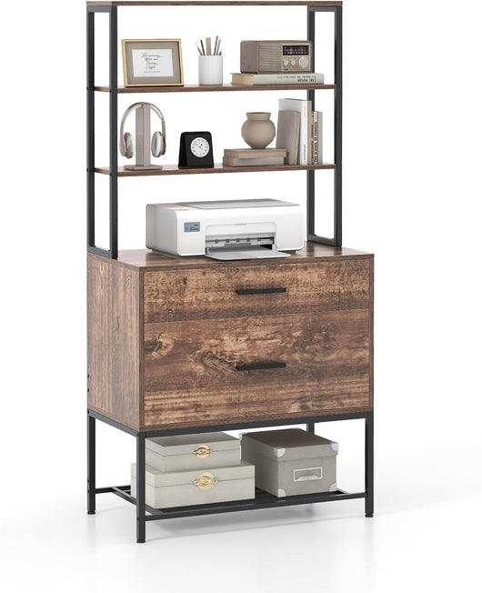 Scaffale Porta Stampante, Suppoto per Stampante in Legno con 4 Ripiani e 2 Cassetti, per Soggiorno, Ufficio e Studio, 75 x 40 x 156 cm (Marrone rustico)