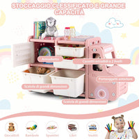 Organizer per Giocattoli con Scatole per Bambini, Scaffale Multilivello in HDPE a Forma di Camion, Scaffale per Giocattoli con 2 Livelli e 4 Scompartimenti per Bambini (Rosa)