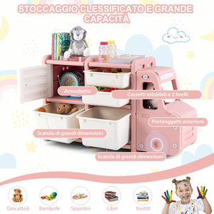 Organizer per Giocattoli con Scatole per Bambini, Scaffale Multilivello in HDPE a Forma di Camion, Scaffale per Giocattoli con 2 Livelli e 4 Scompartimenti per Bambini (Rosa)