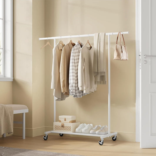 Appendiabiti da Terra con Ruote, Attaccapanni con Ripiano Inferiore, Barra Estensibile e Altezza Regolabile, per Soggiorno, Camera da Letto, Bianco