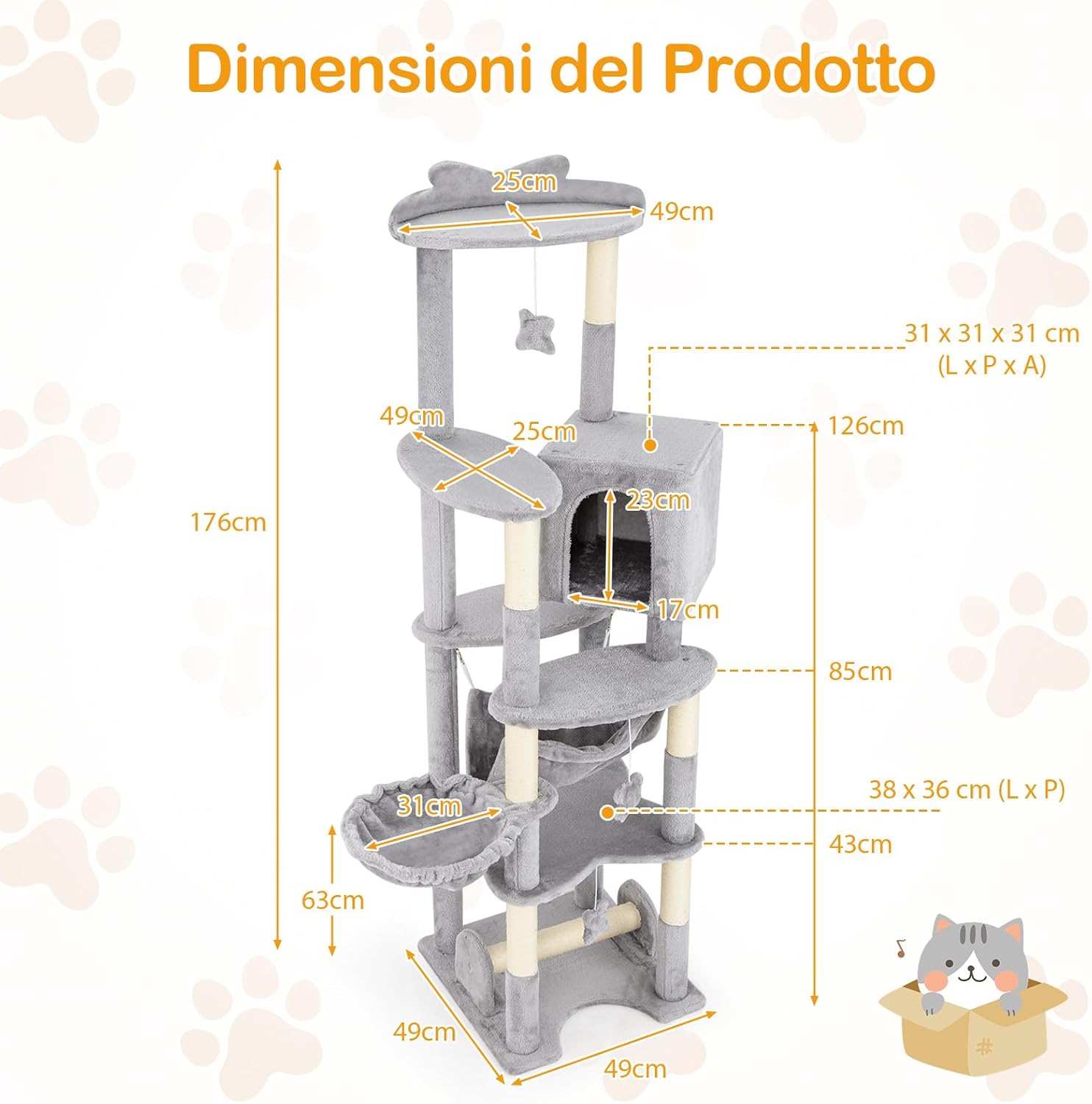 Tiragraffi 176cm, Albero per Gatti con Letto a Cesta, Amaca, Palline, Piattaforme di Salto, Giocattoli, Torre per Animali Domestici da Interno, Grigio