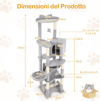 Tiragraffi 176cm, Albero per Gatti con Letto a Cesta, Amaca, Palline, Piattaforme di Salto, Giocattoli, Torre per Animali Domestici da Interno, Grigio