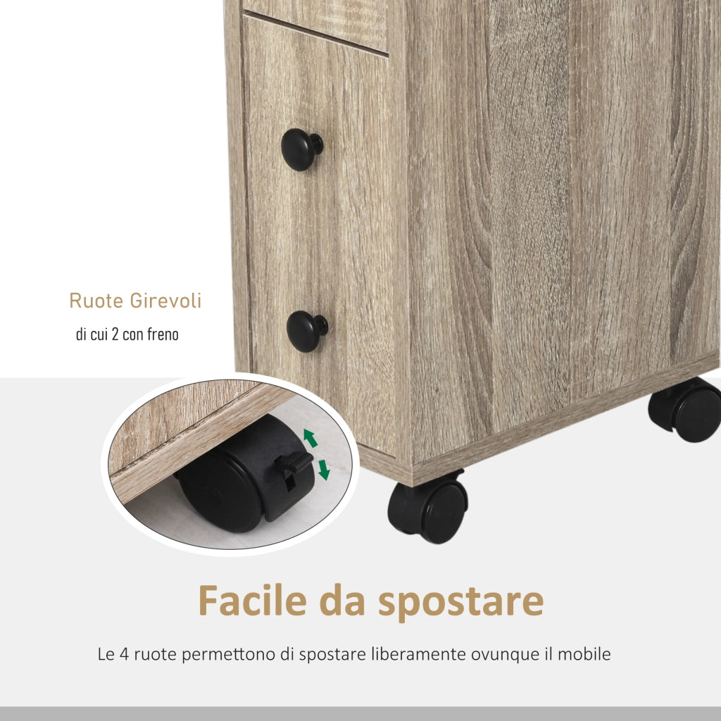 EasyComfort Armadietto da Bagno a Colonna, Mobile Bagno con 4 Ruote, 1 Cassetto 1 Armadietto con Anta 2 Armadietti Aperti, Color Rovere, 18x30x68.5 cm