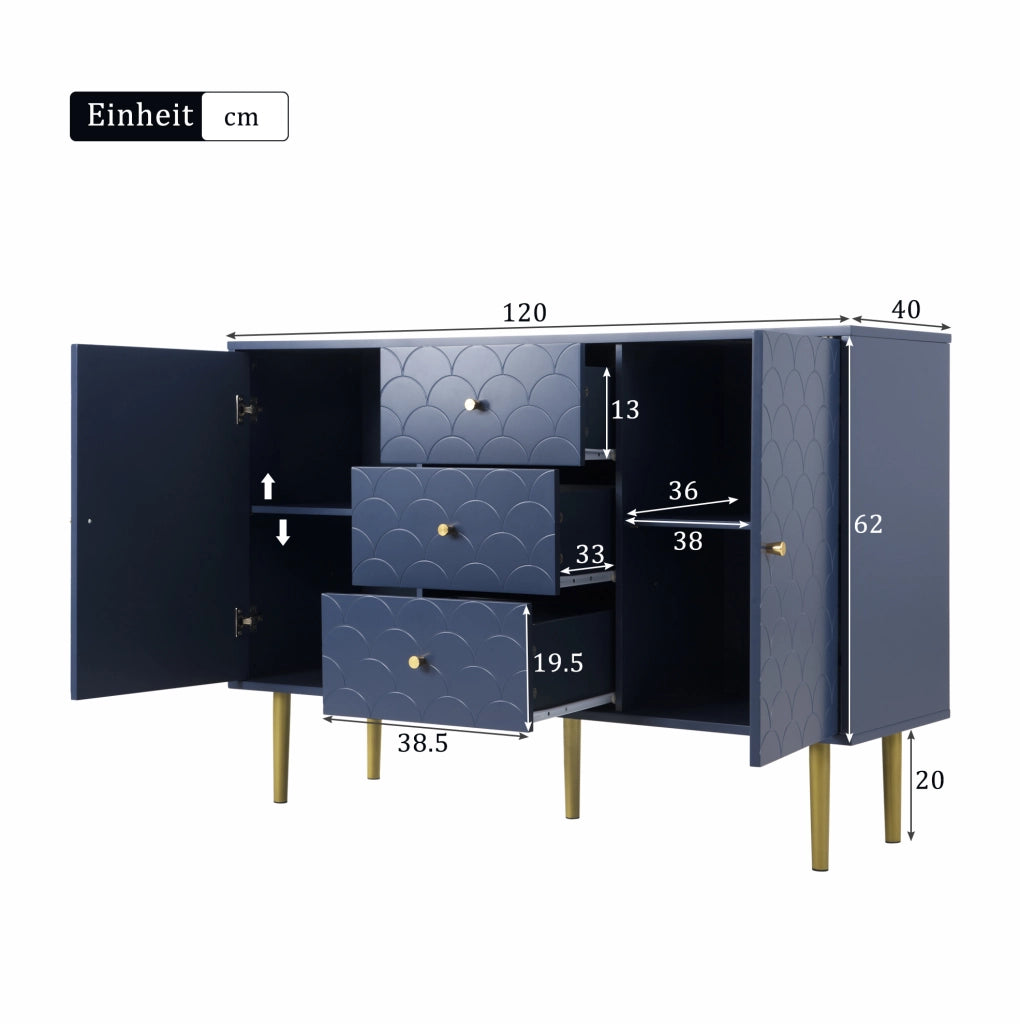 Credenza 120x40x83 cm con 2 ante; 3 cassetti e ripiano regolabile in legno e metallo blu navy
