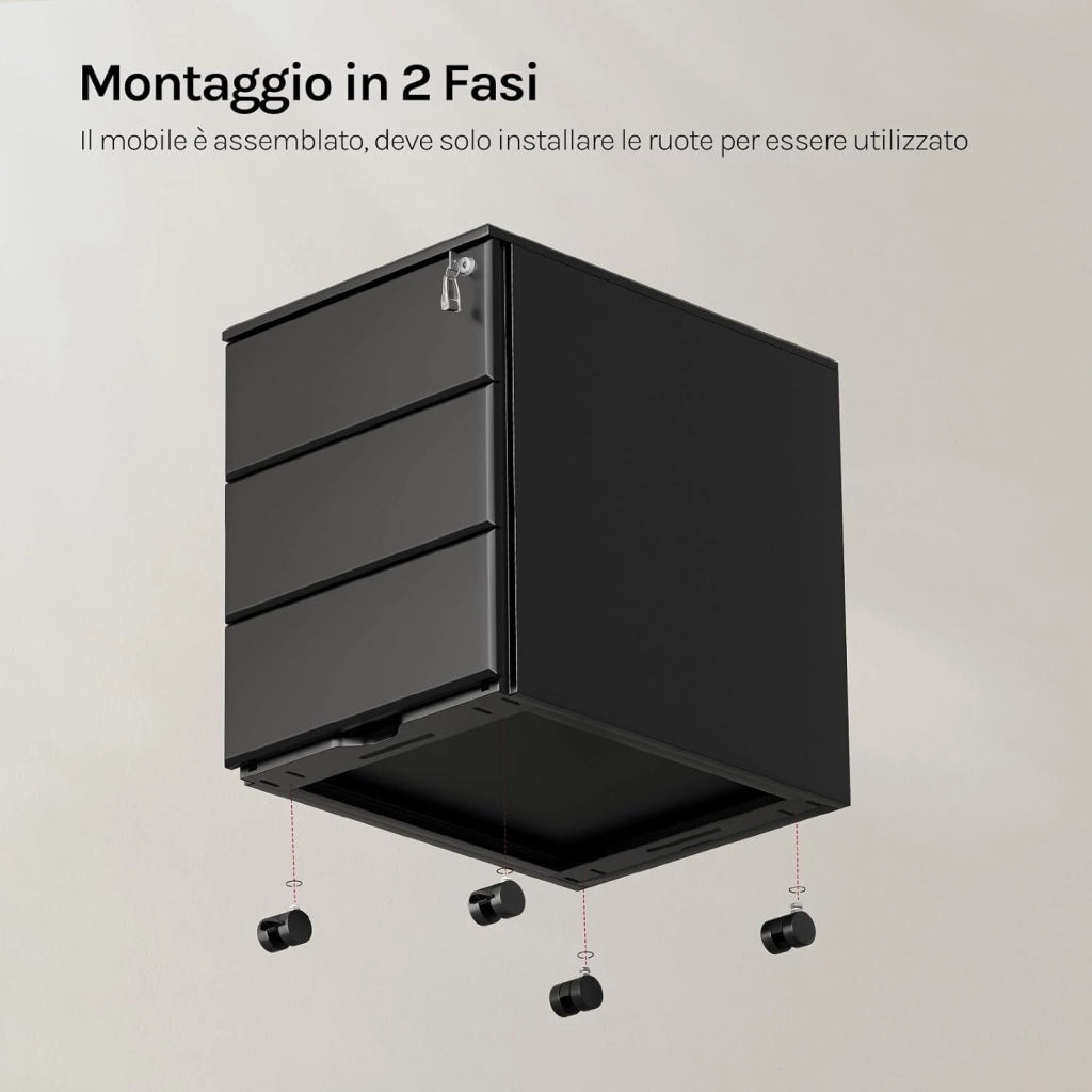 Cassettiera da Ufficio Scrivania Studio con Rotelle Mobiletto con 3 Cassetti e Serratura per Documenti Cartelle Sospese Cancelleria, Pre-Assemblato, metallo Nero SK024sz