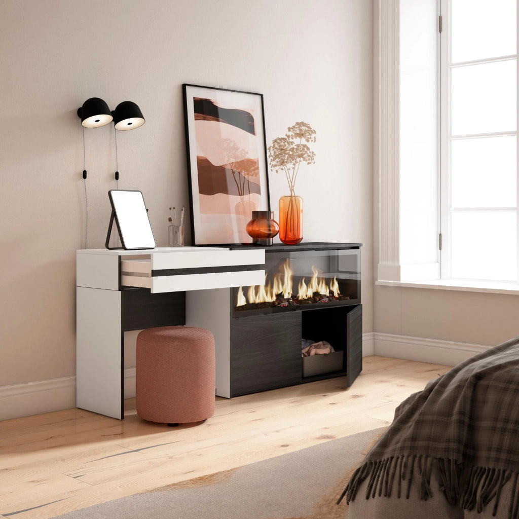 Tavolo da toeletta, 177x35x75cm, Con cassetto, Camino elettrico XXL, Bianco RF3454