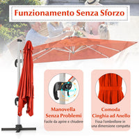 Ombrellone da Giardino, con Base Incrociata, Ombrellone Quadrato da Esterno con Palo in Alluminio e Girevole a 360°, Manovella e Inclinazione Regolabile, 300 x 300 cm (Arancione)