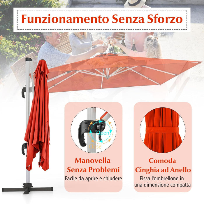 Ombrellone da Giardino, con Base Incrociata, Ombrellone Quadrato da Esterno con Palo in Alluminio e Girevole a 360°, Manovella e Inclinazione Regolabile, 300 x 300 cm (Arancione)