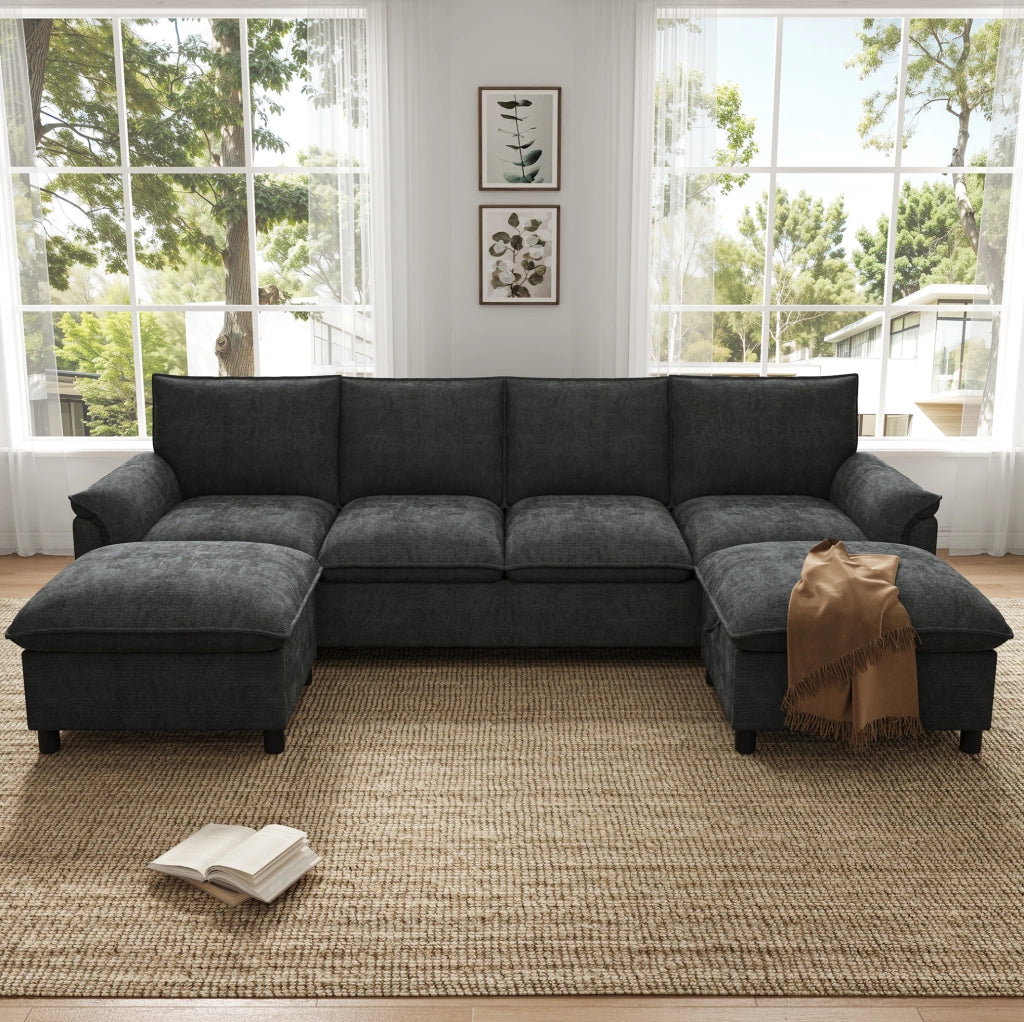 Divano in ciniglia nero con 2 pouf mobili; 264;5 x 142;5 x 84 cm