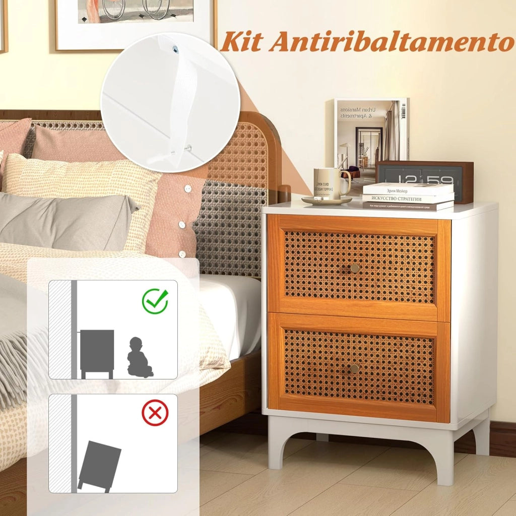 Comodino in Legno con 2 Cassetti, Tavolino Boho con 2 Cassetti Decorati in Rattan Intrecciato, Comodino con Gambe in Legno Massello, per Camera da Letto e Soggiorno, 46 x 33 x 59,5 cm