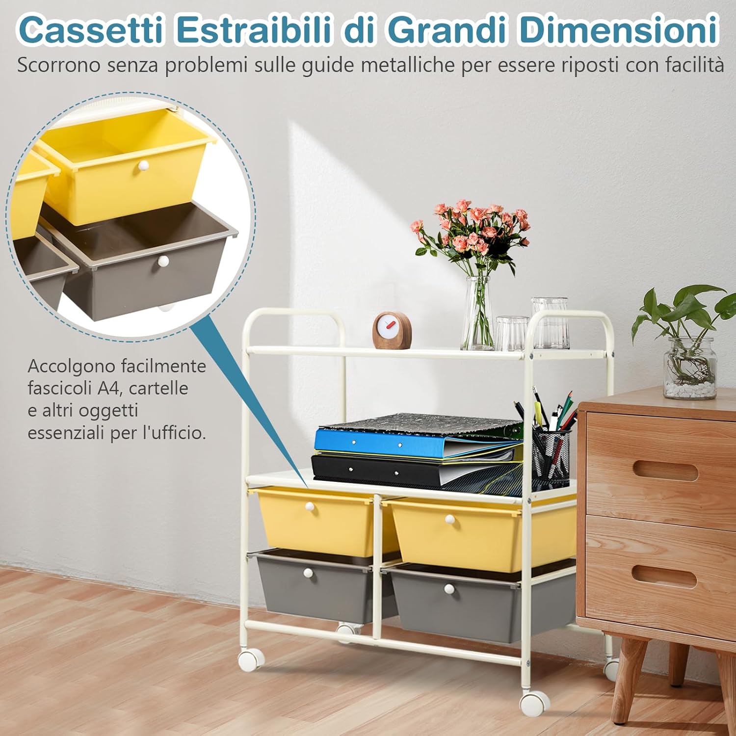 Carrello con 4 Cassetti e 2 Ripiani, Carrello Portaoggetti con Ruote per Cucina Bagno Ufficio, Multiuso, 58,5x37x75 cm (Giallo+Grigio)