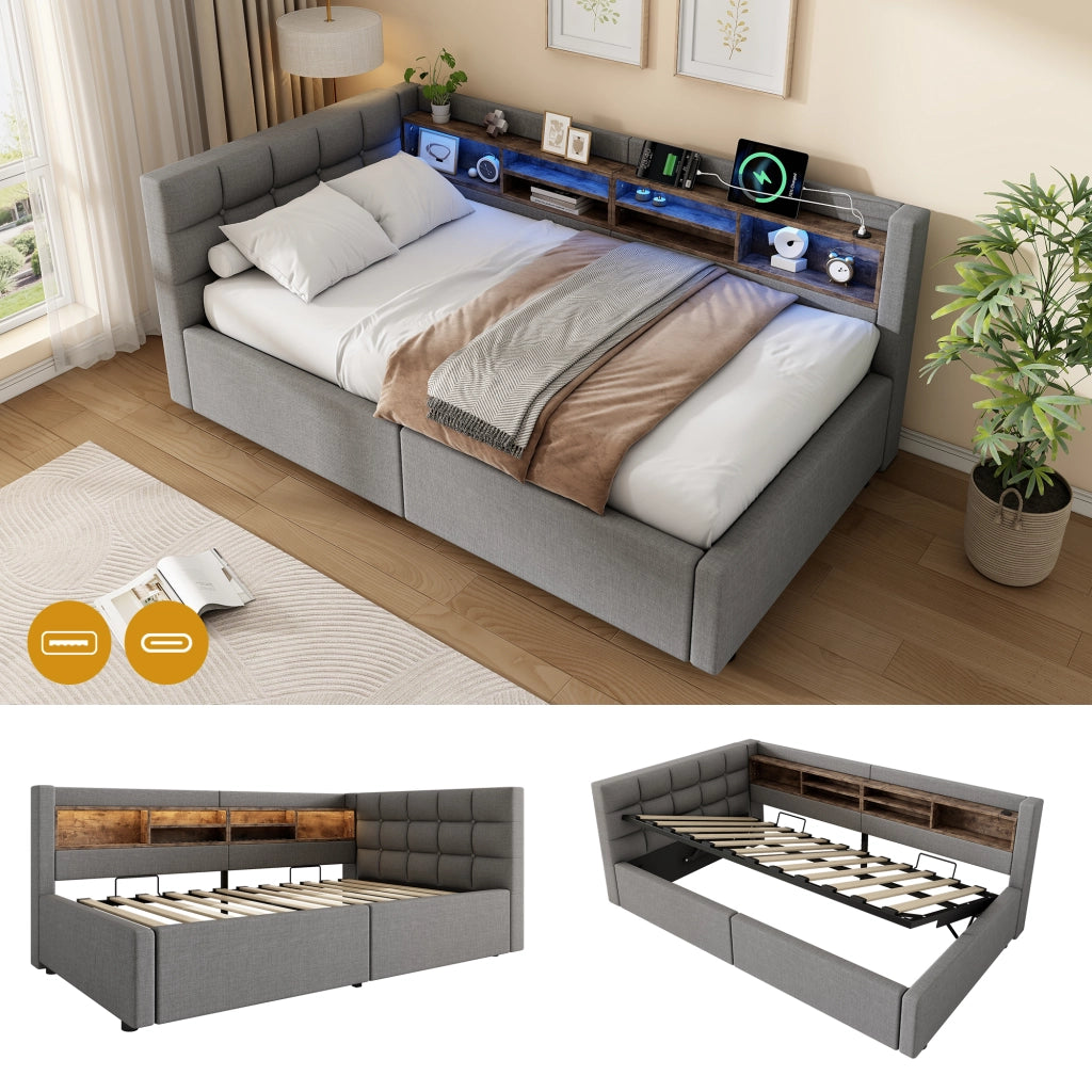 Letto contenitore 90x200 cm con LED dimmerabile; testiera con ripiano e prese USB; rivestimento in lino; grigio