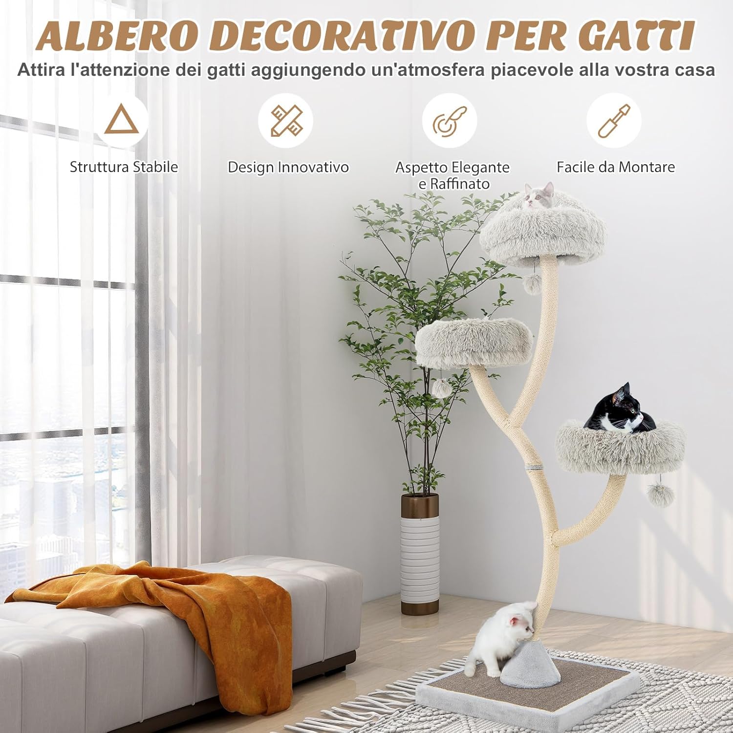 Albero per Gatti Alto 178 cm, Albero Tiragraffi per Gatti con Telaio di Supporto Curvo in Metallo, 3 Cucce Calde e Palline, Pali e Tavoletta Tiragraffi in Sisal, 59 x 59 x 178 cm (Grigio)