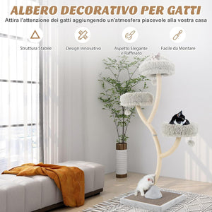 Albero per Gatti Alto 178 cm, Albero Tiragraffi per Gatti con Telaio di Supporto Curvo in Metallo, 3 Cucce Calde e Palline, Pali e Tavoletta Tiragraffi in Sisal, 59 x 59 x 178 cm (Grigio)
