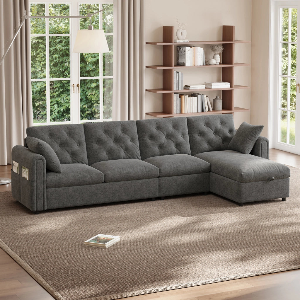 Divano angolare letto con vano contenitore e configurazione reversibile in velluto grigio