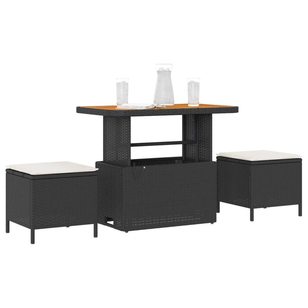 Set da pranzo da giardino 3 pezzi con cuscini in polirattan nero e acacia