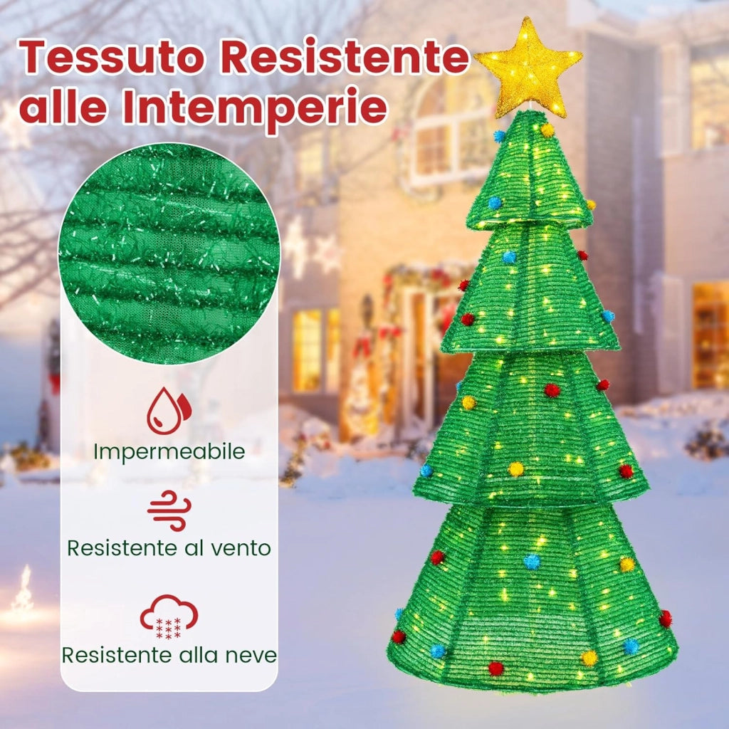 Albero di Natale Pieghevole 190 cm, Decorazione dell'Albero di Natale con 200 Luci LED, Stella in Cima, Palline di Peluche, Decorazione Natalizia per Casa, Giardino, Negozio