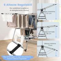 Stendino a Torre in Alluminio, Stendibiancheria Pieghevole con Altezza Regolabile a 6 Livelli, Appendiabiti Salvaspazio per Abiti Scarpe e Calze, 157,5x61x192 cm