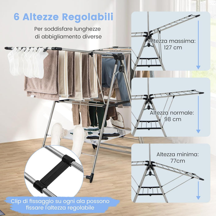 Stendino a Torre in Alluminio, Stendibiancheria Pieghevole con Altezza Regolabile a 6 Livelli, Appendiabiti Salvaspazio per Abiti Scarpe e Calze, 157,5x61x192 cm