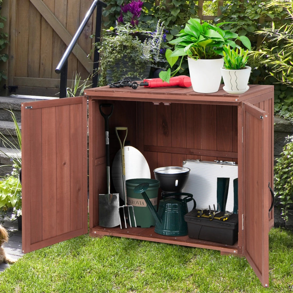 Capanno per attrezzi in legno di abete con 2 ante magnetiche per giardino patio, Organizzatore di utensili Marrone-Casette da giardino