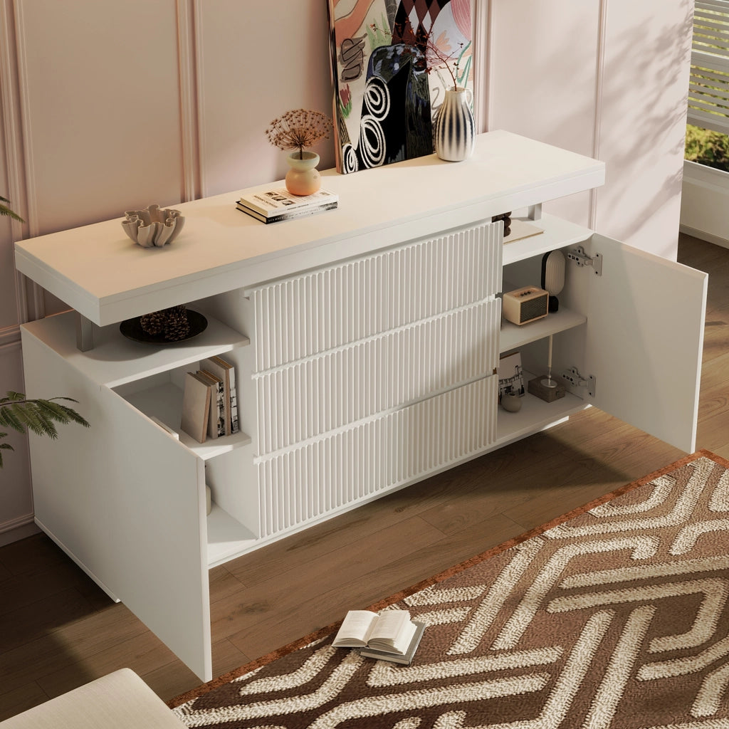 Credenza LED moderna bianca 150x40x78 cm con 6 cassetti e 2 ante, design sospeso