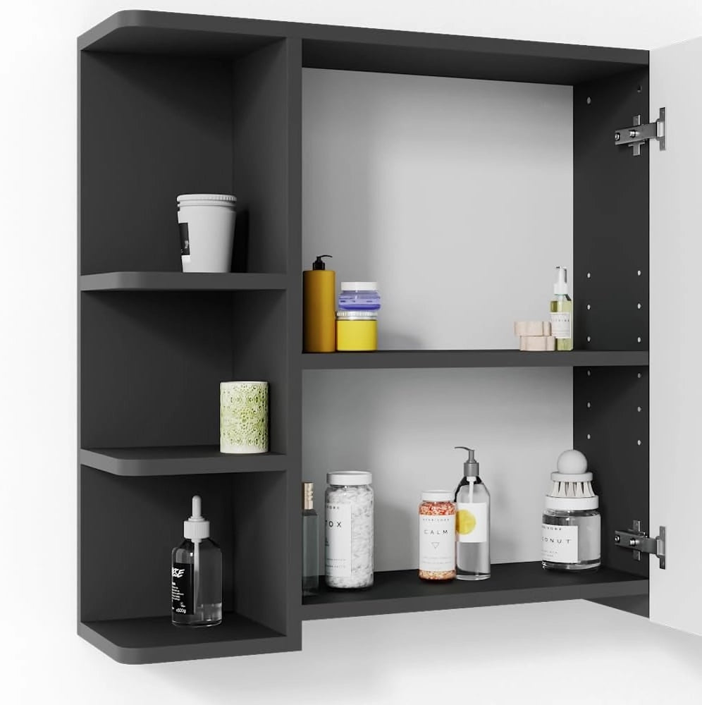 Specchio contenitore bagno Fynn, Antracite, 79.6 x 64 cm, con specchio e ripiani aperti per montaggio a parete