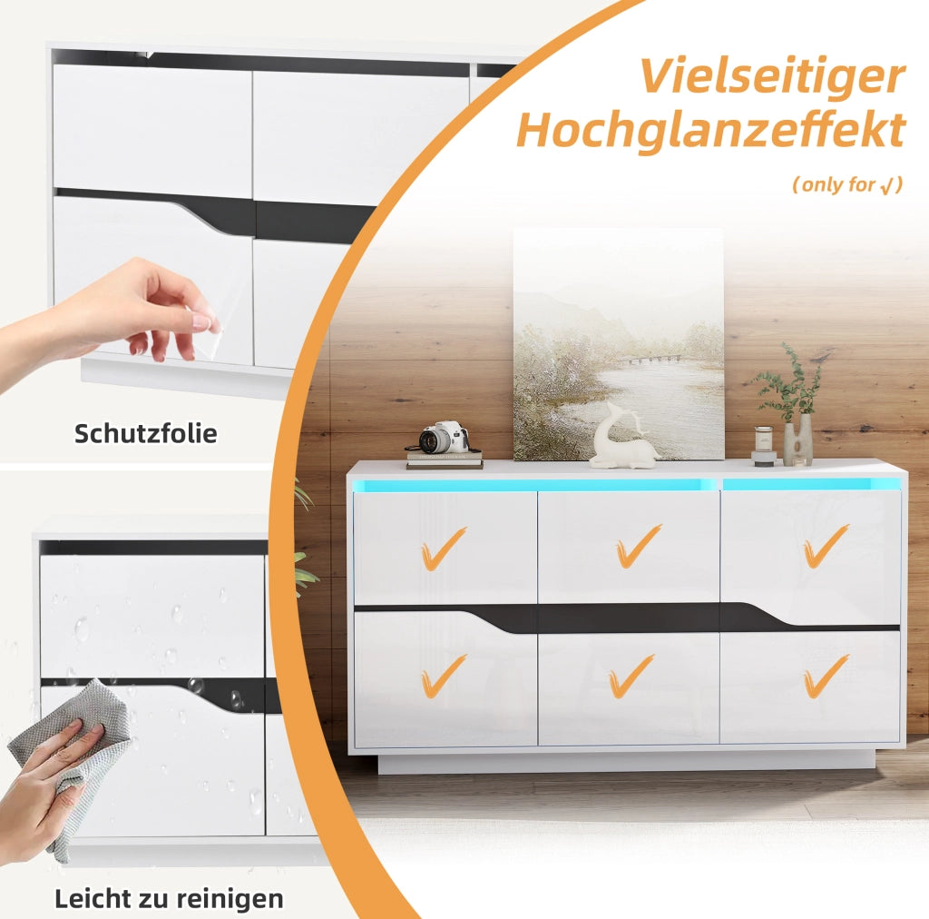 Credenza moderna bianco e nero 140 x 40 x 70 cm con LED e ante regolabili