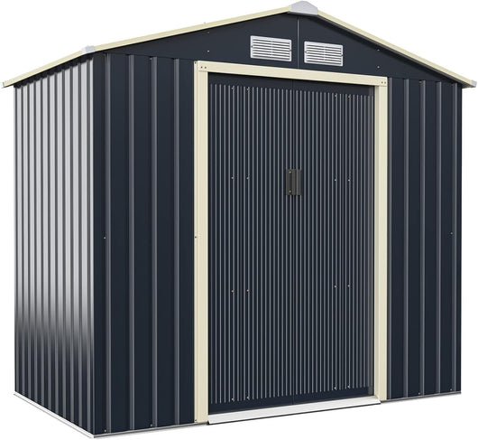 Casetta da Giardino Porta Attrezzi in Lamiera Acciaio Zincato 2,38 M2, Capanno da Esterno con Tettoia, Sfilati e Ante Scorrevoli, Adatto a Cortile, Giardino e Fattoria (203 x 117 x 195 cm)