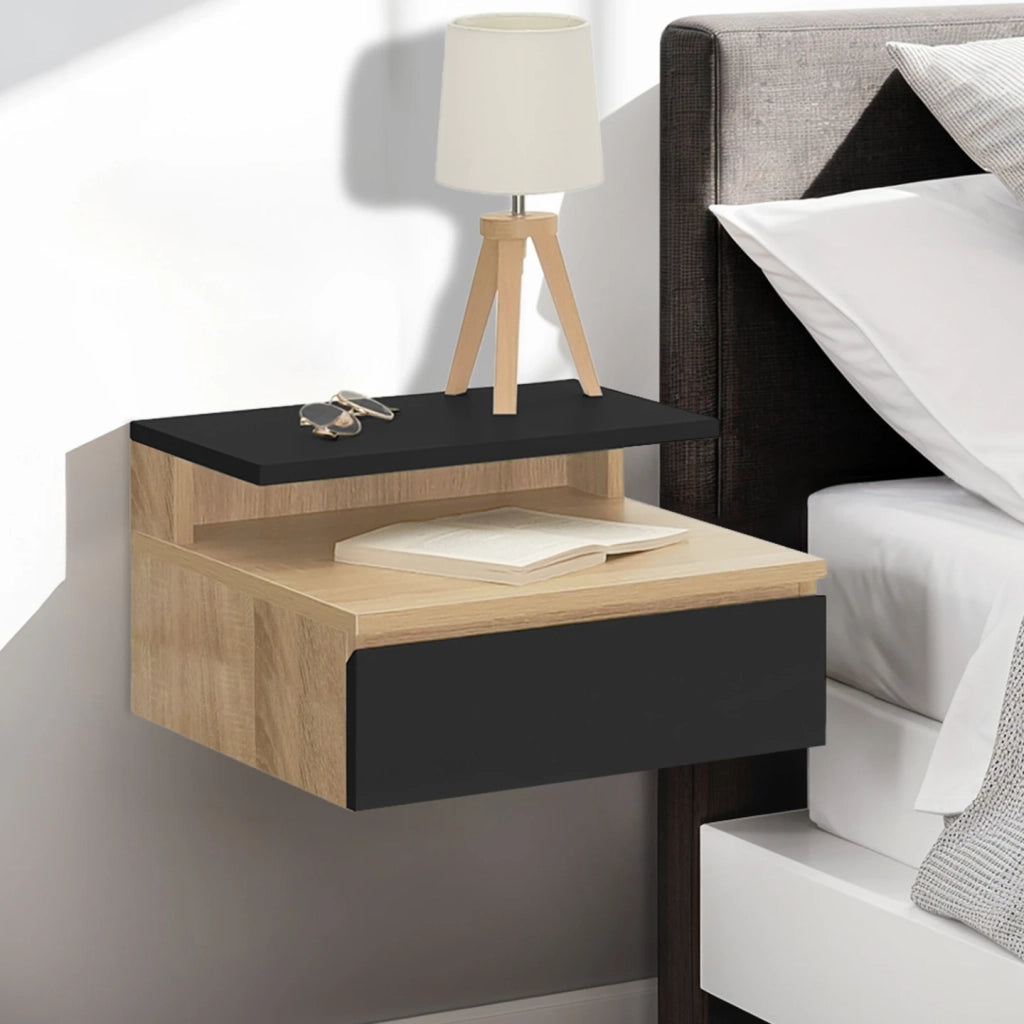 IDMarket - Set di 2 comodini a parete TOMI con mensole sospese + 1 mensola in legno effetto faggio e cassetto nero