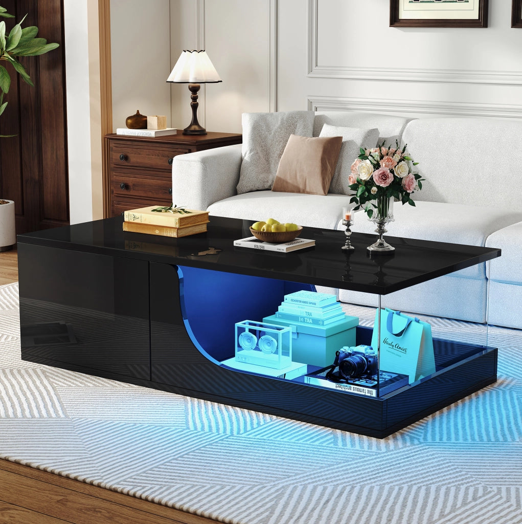 Tavolino da caffè con LED e 2 cassetti 100x50x30 cm in MDF e vetro temperato; nero