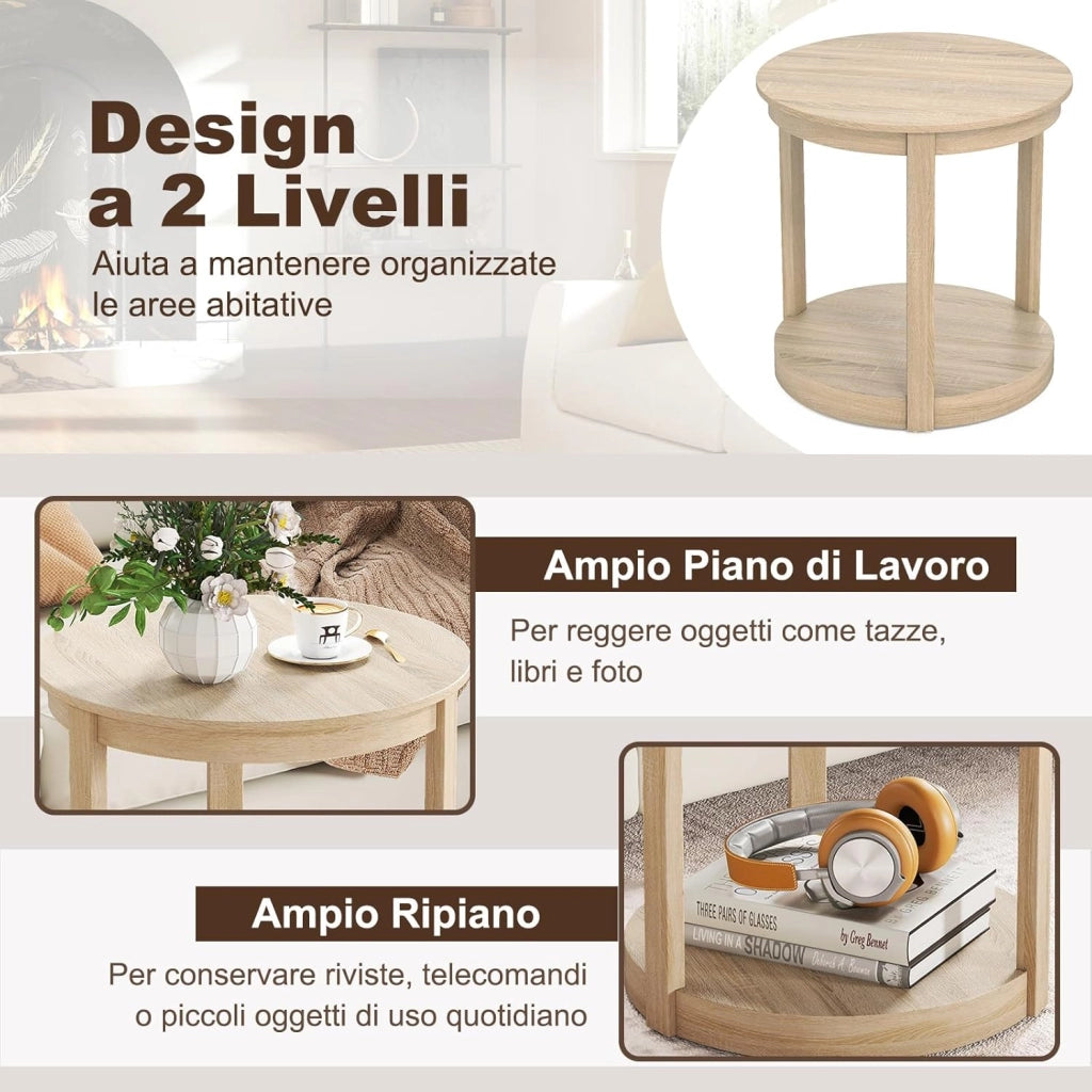 Tavolino Rotondo da Salotto, Tavolo da Caffè a 2 Livelli con Ripiano e Gambe in Legno di Gomma, Portata 160 kg, Tavolino in Legno per Soggiorno, Studio e Ufficio, 60,5 x 60,5 x 61 cm (Quercia)