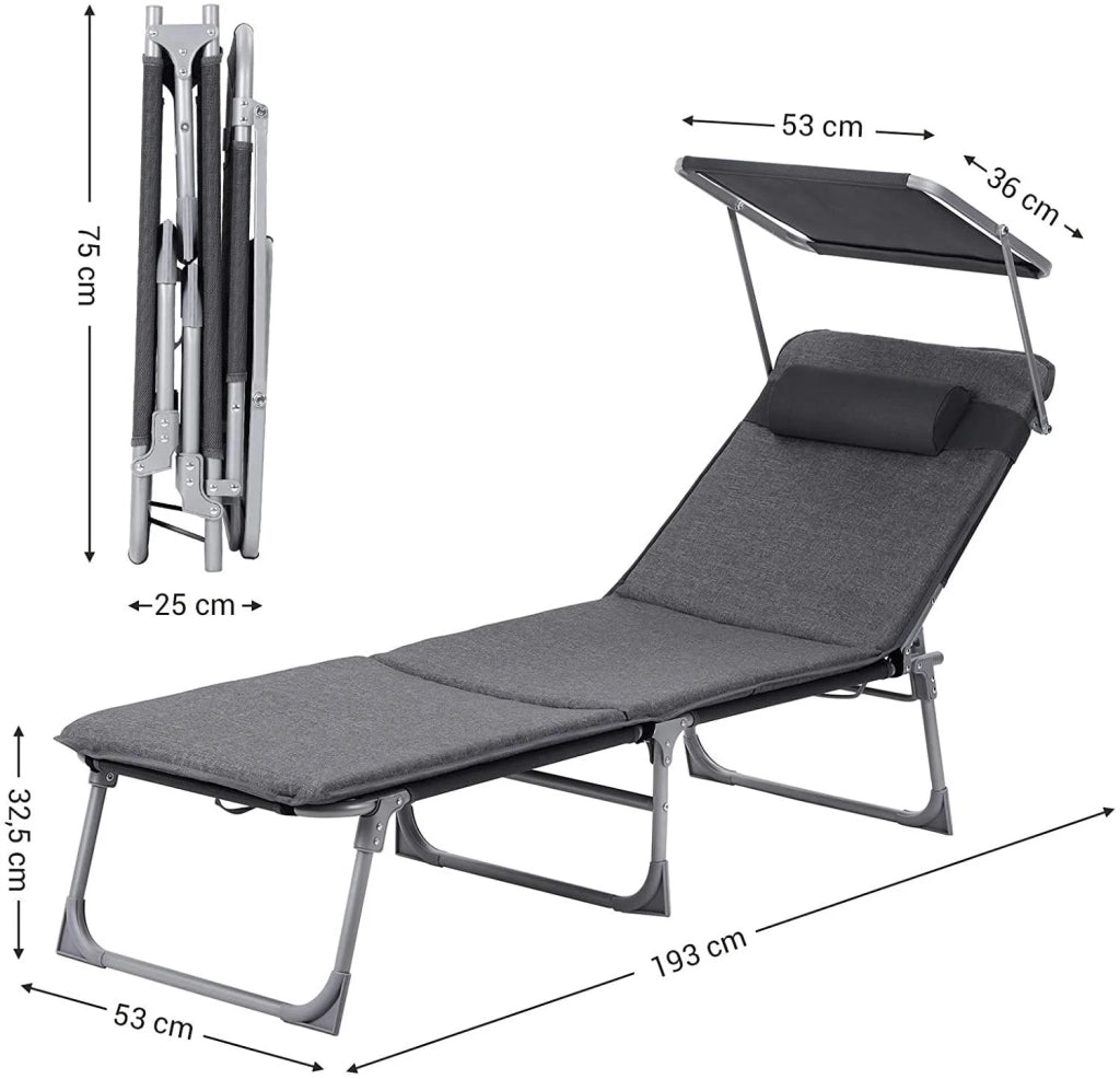 Lettino prendisole/sdraio con materasso da 3 cm cuscino per lo schienale e ombrellone inclinabile pieghevole 53 x 193 x 29,5 cm portata 150 kg per giardino grigio scuro 12_0001104