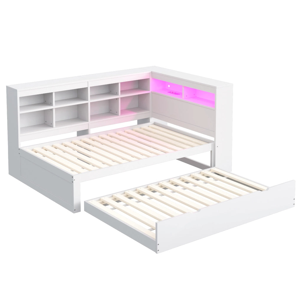 Letto singolo 90×200 cm con letto estraibile; USB; LED e ripiani; senza materasso; legno; bianco