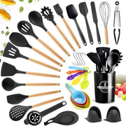 Set di utensili in silicone per la cucina con maniglia in legno - Resistente al calore - Accessori per la cucina - Oggetti da cucina - Aiuto per la cucina