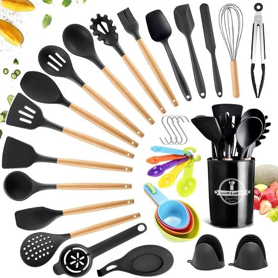 Set di utensili in silicone per la cucina con maniglia in legno - Resistente al calore - Accessori per la cucina - Oggetti da cucina - Aiuto per la cucina